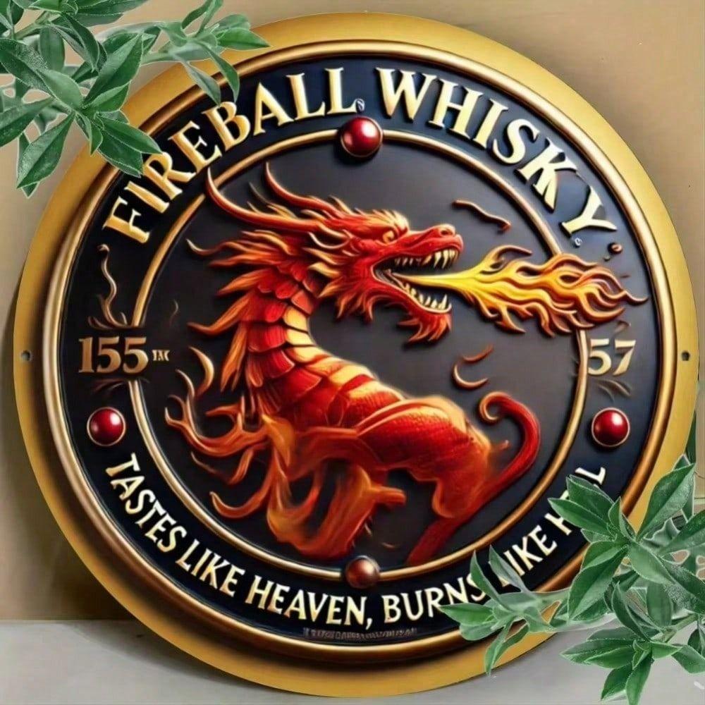 Metal Wall Art Dragon Decor, Vintage Whiskey Poster for Man Cave, Fire Globe Vintage Tin Sign