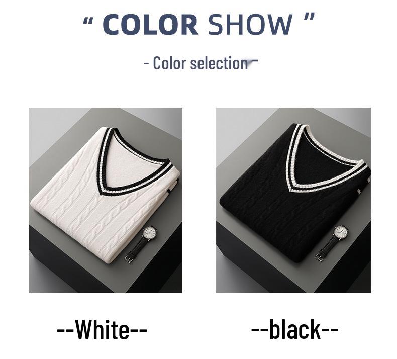 Men's College-Style 100% Wool Knitted Vest, Autumn/Winter Cable Knit, Contrasting Colors, Thickened Sleeveless Design