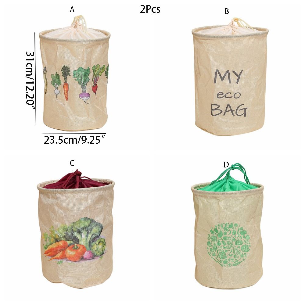 2Pcs Washable Fruit Storage Bag Wear-resistant Foldable Imitation Linen Storage Bag Recyclable Kitchen Drawstring Bag