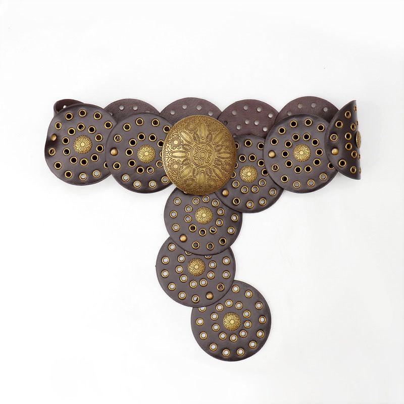 

Style Wide Leather Belt For Women With Antiqued Finish And Unique Cutout Details