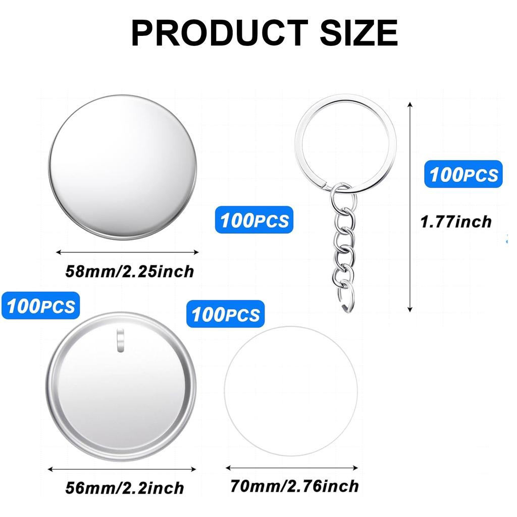 100Pieces Craft Keyrings Supplies with 100Pcs 58mm Button Badge for Making Key Holder Keychains Bag Luggage Decoration