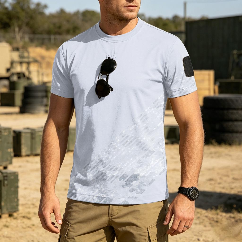 Men's Tactical Outdoor Quick Dry T Shirt Loose Fit Round Neck Breathable Short Sleeve Camouflage Print with Hook and Loop Patch Area
