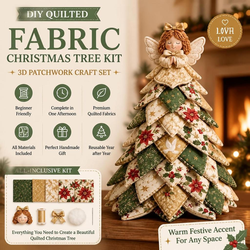 DIY 3D Patchwork gesteppter Weihnachtsbaum Bausatz 30cm Stoff Feiertags Tischdekoration mit austauschbarem oberem Ornament Rot kariert Bauernhaus Handgefertigt