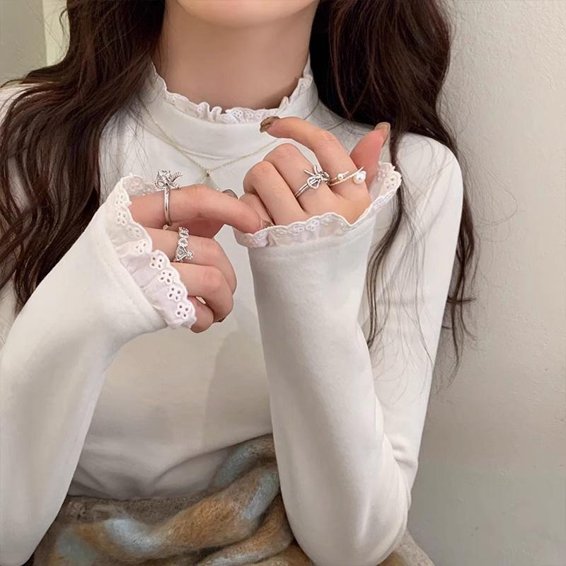 

Women s Semi-High Neck Double-Sided Fleece Slim-Fit Solid Color Long-Sleeve T-Shirt for Autumn/Winter L белый