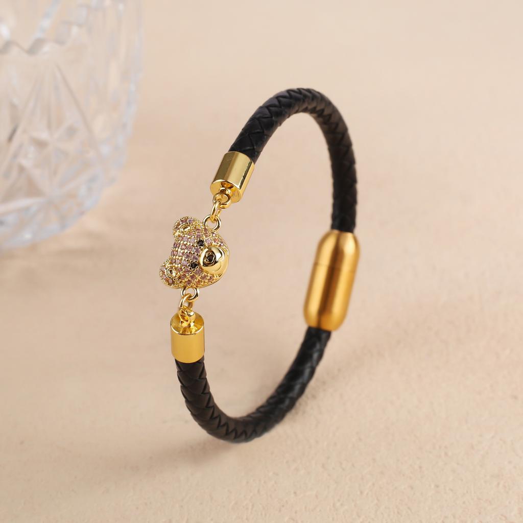 6 Colors Cute Zirconia Animal Bear Leather Braided Bracelet Classic for Man Woman Party Daily Wear Stainless Steel Jewelry Gift