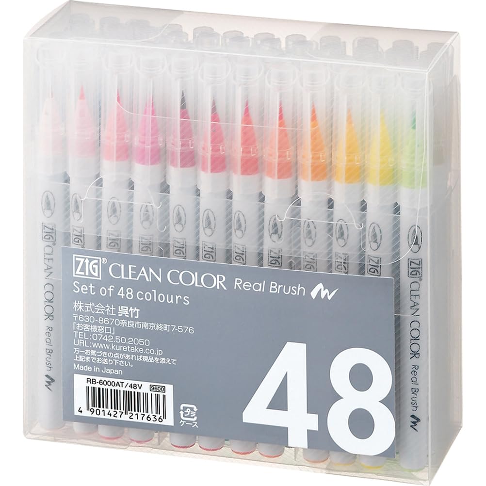 

Kuretake Zig Clean Color Real Brush Pen 48 цветов - Гибкий наконечник-кисть для искусства и каллиграфии RB-6000AT/48V