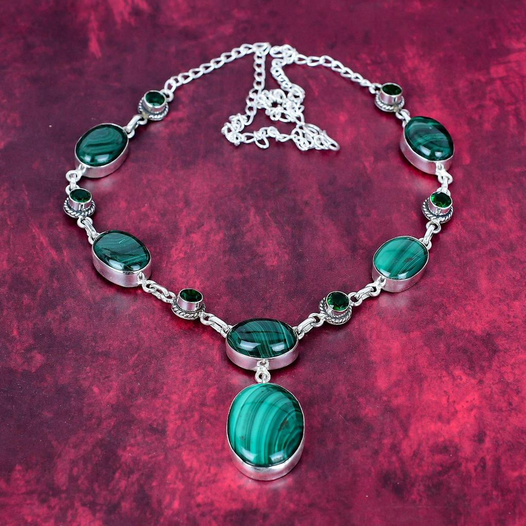 Malachite, Chrome Diopside Handmade Gemstone Necklace, 925 Solid Sterling Silver Necklace Antique Jewelry, For Thanksgiving