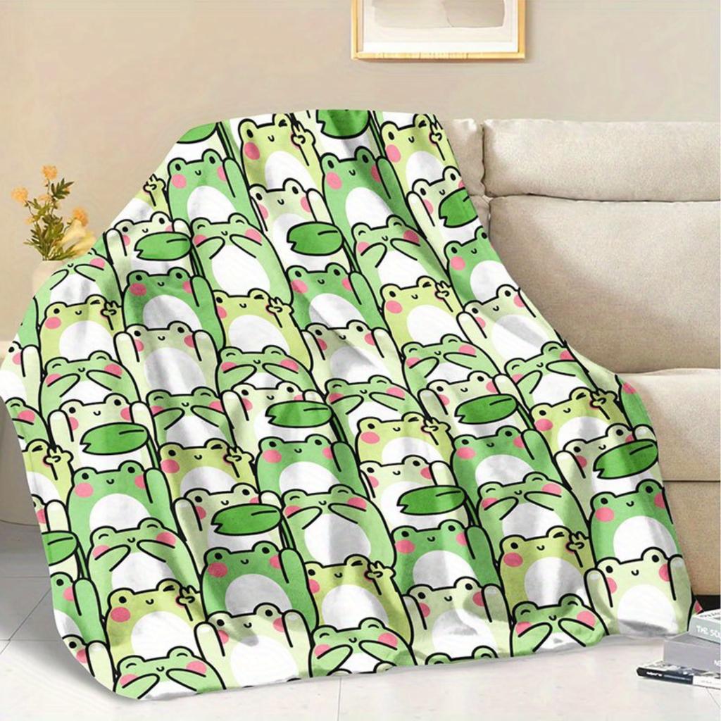 1 Cartoon Frog Print Flannel Blanket - Warm and Cozy, Perfect for Sofas, Offices, Beds, Camping, and Christmas.