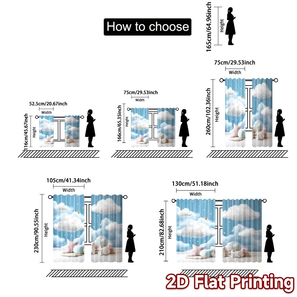 2pcs, 2D FLAT PRINTING Curtains (Without Rod) Cloudy Dreamscape Chic Light Filtering Curtains Polyester Easy Install Curtains