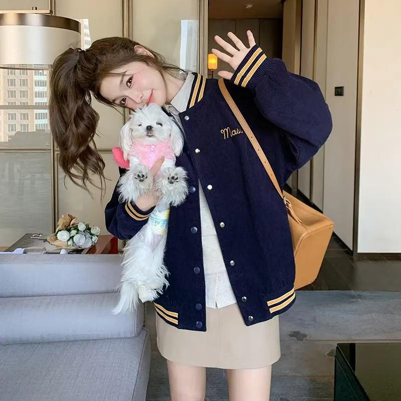 Dark Blue Korean-Style Women's Academic Baseball Jacket - Spring Short Coat