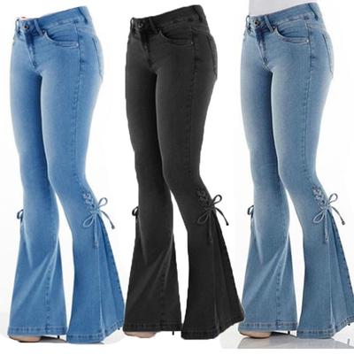 High Waist Solid Color Flared Jeans For Women Stretch Denim Long Pants With Tie Decoration Stylish Casual Trousers