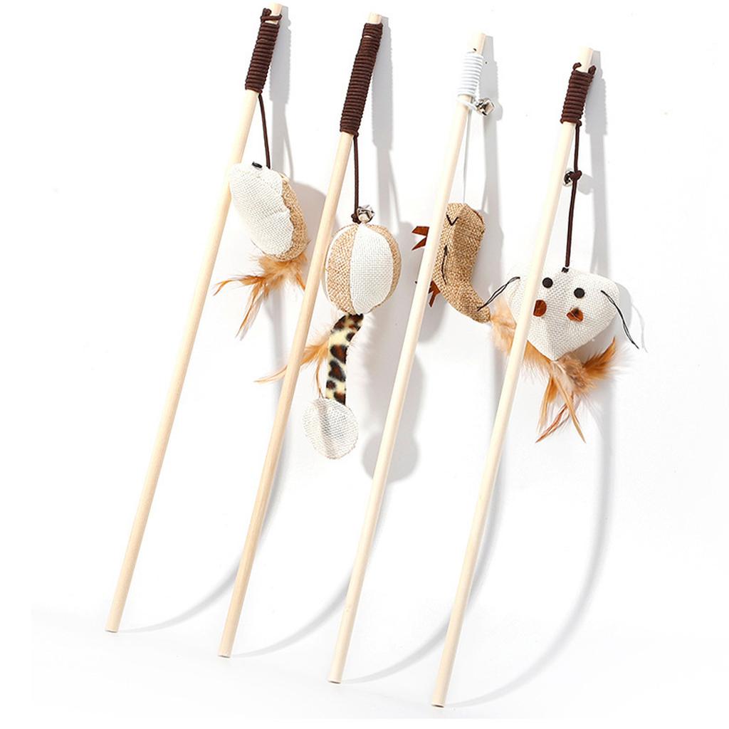 Cat Teaser Wand Wooden Teaser Stick Interactive Claw Grinding Wand Toy Durable Interesting Funny Cat Stick for Indoors