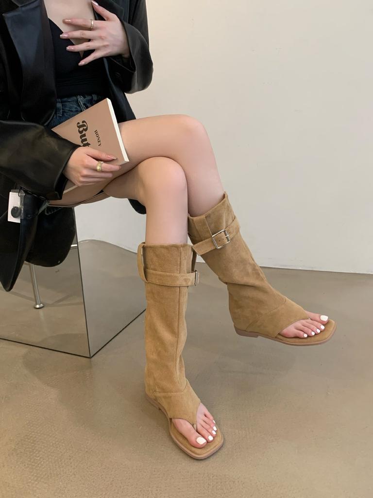 Women Sexy Black Suede Ruffled Boots Women  Summer Clip Toe Flat Gladiator Sandals Woman Western Cowboy Boots Sandals Mujer