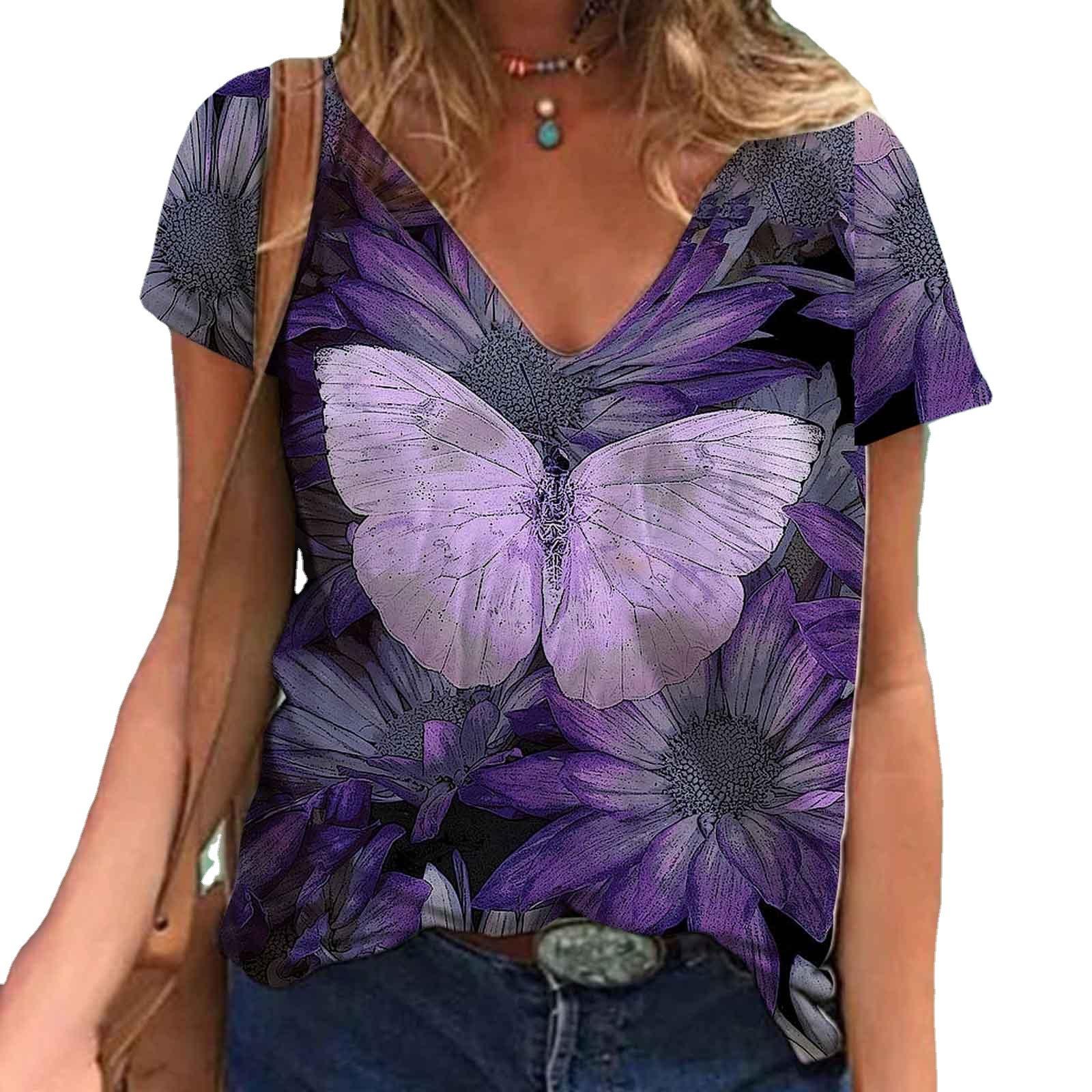 Женские футболки с V-образным вырезом и коротким рукавом с 3D-принтом и принтом бабочки — фото 8