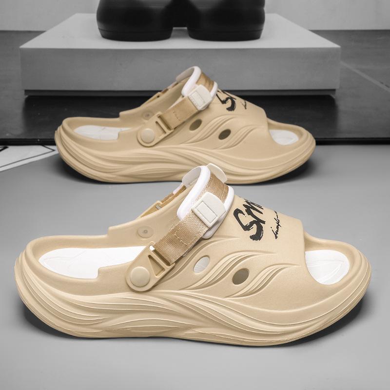 

Slippers summer home non-slip two-color thick bottom wear-resistant outer wear summer outdoor cool slippers men s open-toed beach one-word drag 44-45 хаки