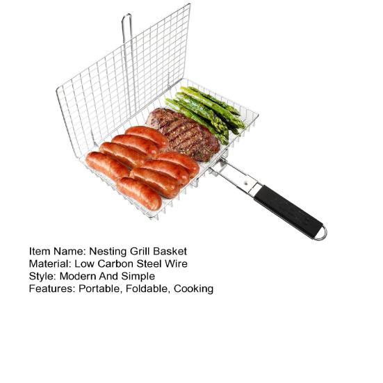 Grill Basket Foldable BBQ Grilling Removable Handle Basket with Stainless Steel Outdoor Cooking Camping Accessories