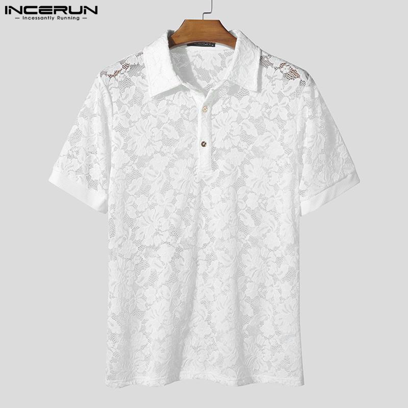 INCERUN T-shirt d'été à manches courtes et col à revers pour homme, en dentelle et maille transparente, avec perspective