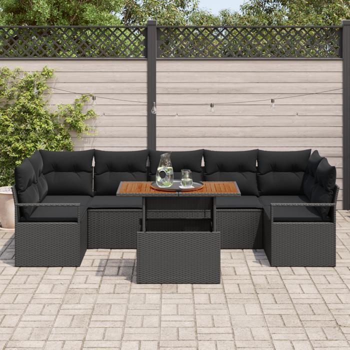 Ensemble de sofa de jardin de 8 pièces avec coussins en poly rattan noir acacia, Sofa de jardin de 2 places avec coussins en 3349680