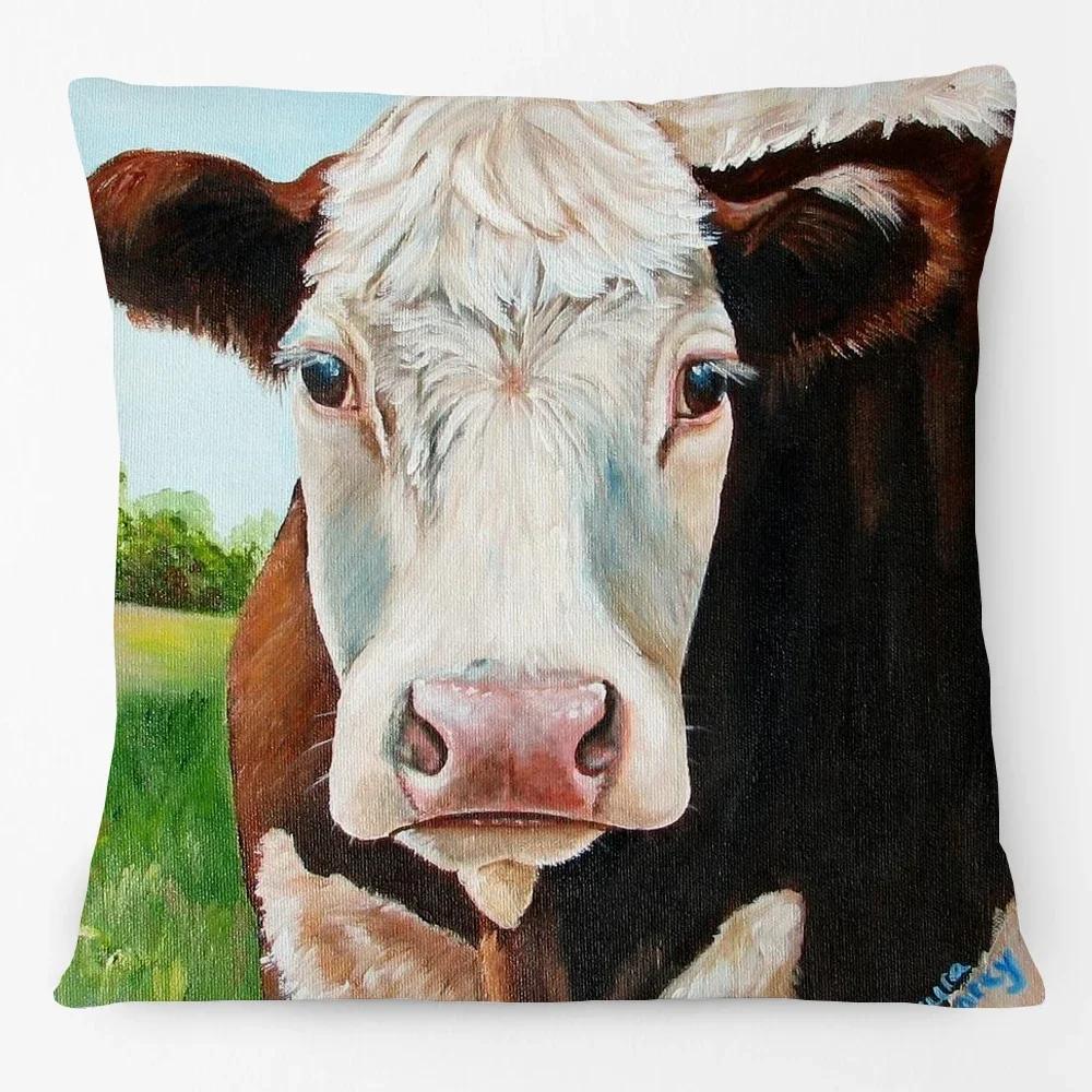Oil Painting Farm Animals Poster Cushion Cover Cow Sheep Goat Rustic Style Home Decorative Square Pillow Case