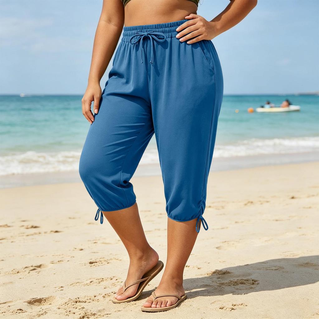 Damen Plus Size Farbe Kordelzug Elastischer Bund Lässige Weite Hosen für den Sommer