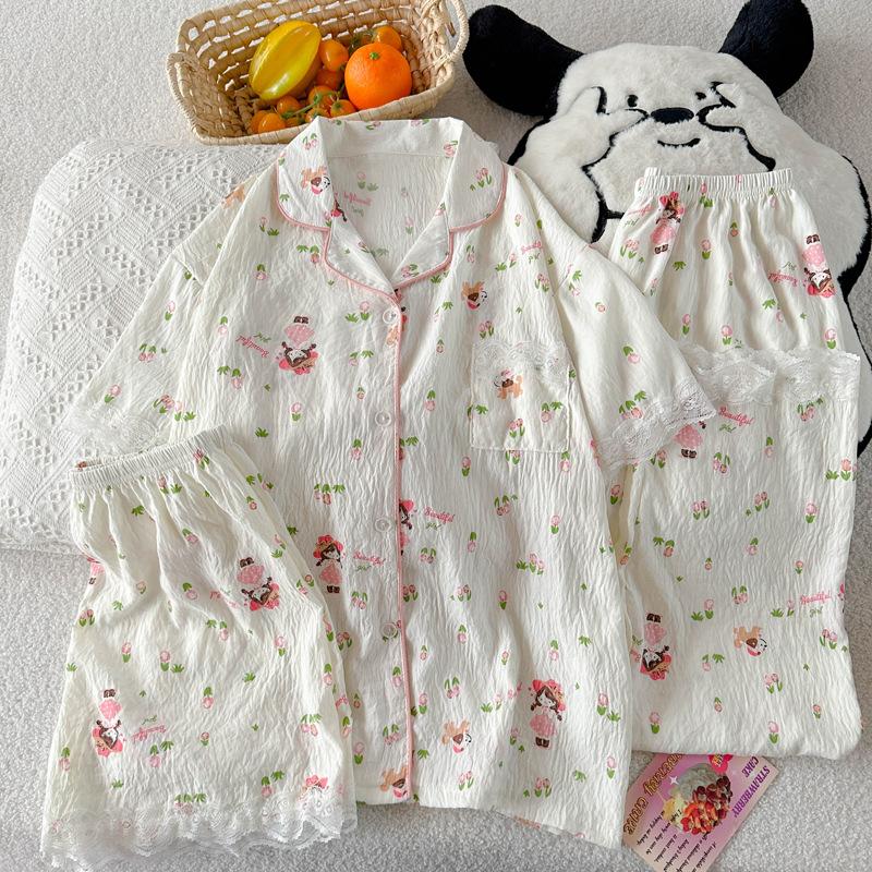 Pastoral Fairy Style Little Girl Summer Short-Sleeved Pajamas Women'S Thin Loungewear Cloud Cotton Three-Piece Set