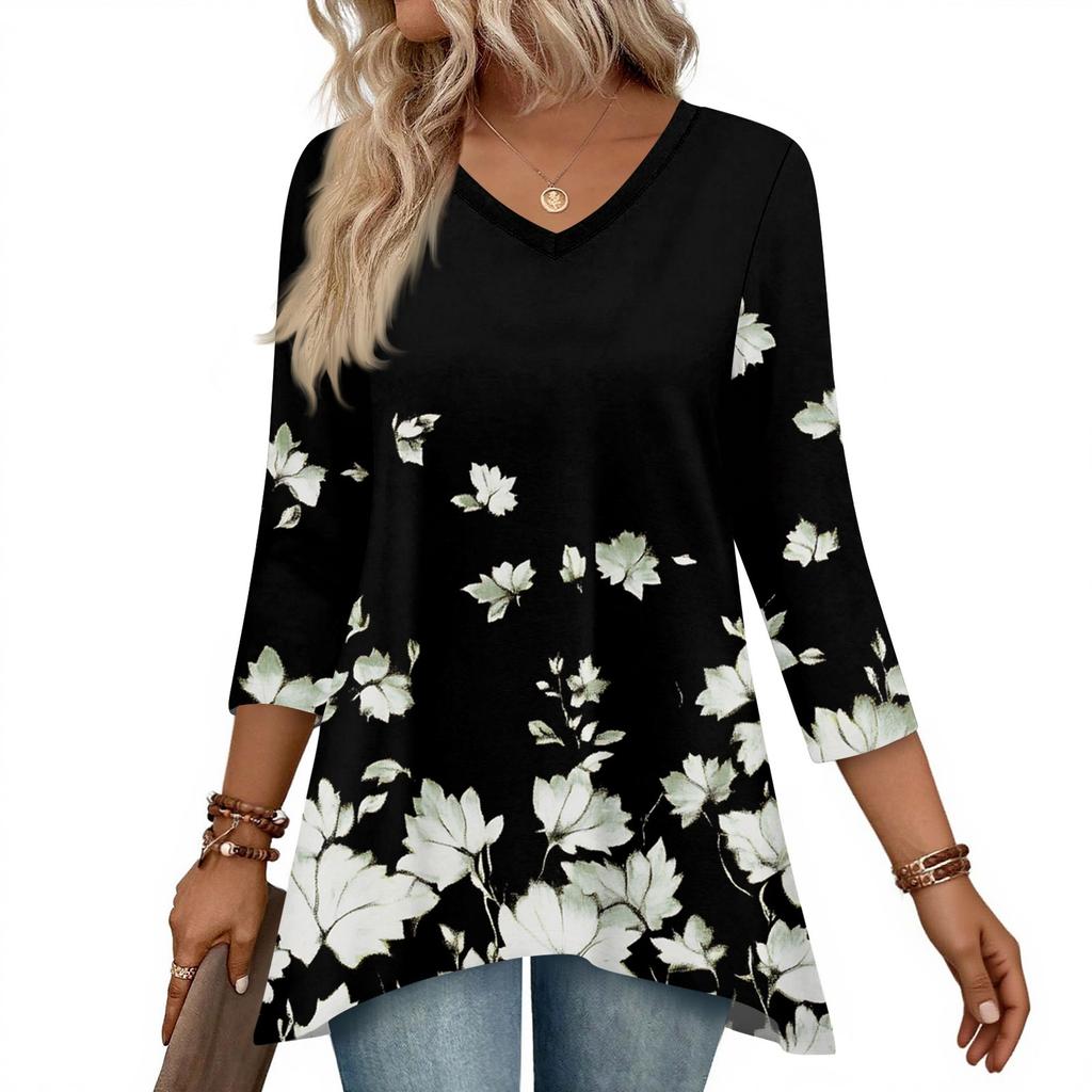 Dámské topy s výstřihem do V a 3/4 rukávem, ležérní košile střední délky, módní tuniky s potiskem