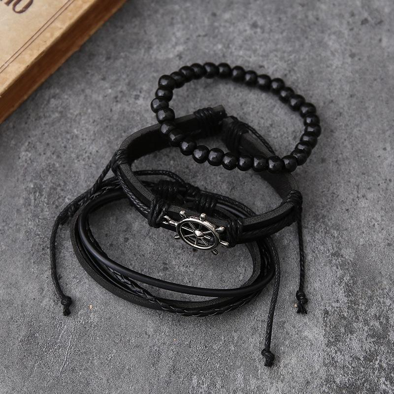 Retro European-American DIY Woven Leather Men's Rudder Bracelet