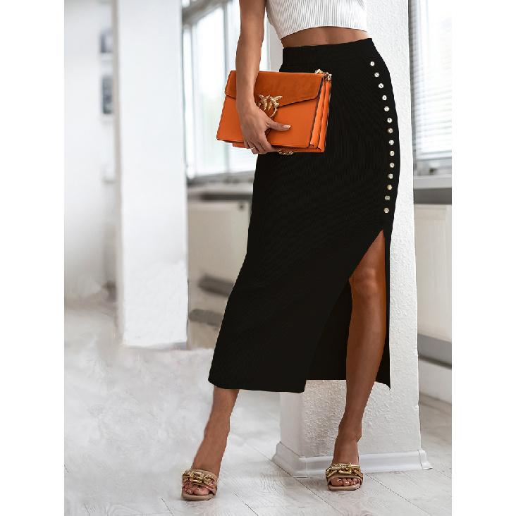 Summer New Slim and Sexy Professional Women's Clothing Ribbed Temperament Slit Button Half Skirt