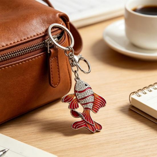 Zinc Alloy Keychain Pendant Holder with Rhinestones Fish Shape Key Inlaid Enamel Craft