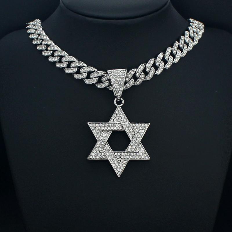 Fashion Star of David Pendant Necklace Women Men Hip Hop Tennis Cuban Chain Necklaces Classic Six-pointed Star Jewish Jewelry