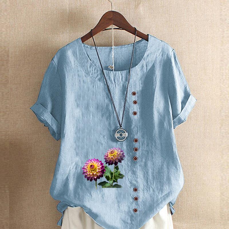 Damenmode Blumen bedrucktes Rundhals-Kurzarm-T-Shirt, lässiges Baumwoll-Leinen-Grafik-Shirt, Freizeit, lockere Sommerbluse, Tops