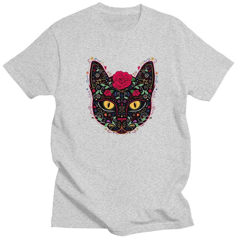 Custom Cool Day Of The Dead Kitten Cat Sugar Skull T Shirt Men Short Sleeve Pure Cotton Tshirt Tees Streetwear Tshirt