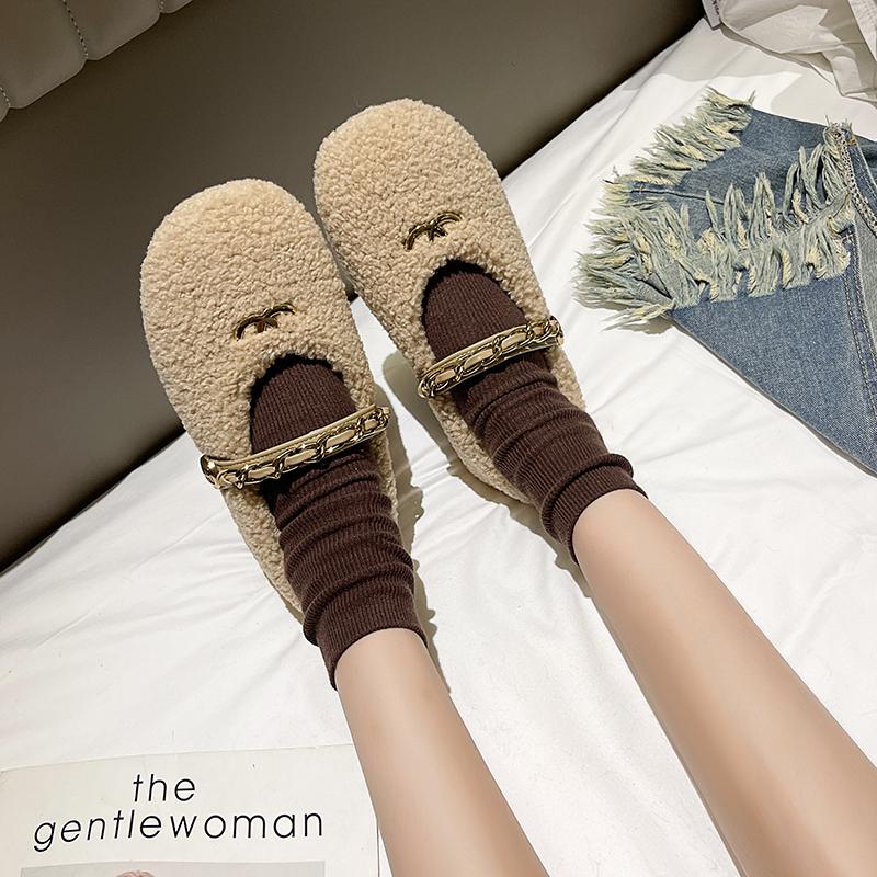 Fashion Aphixta Metal Chain Dec Slip On Flats Soft Fleeces Shoe Shallow Furry Flat With Women Loafers  Slip On Warm Winter Casual Shoes