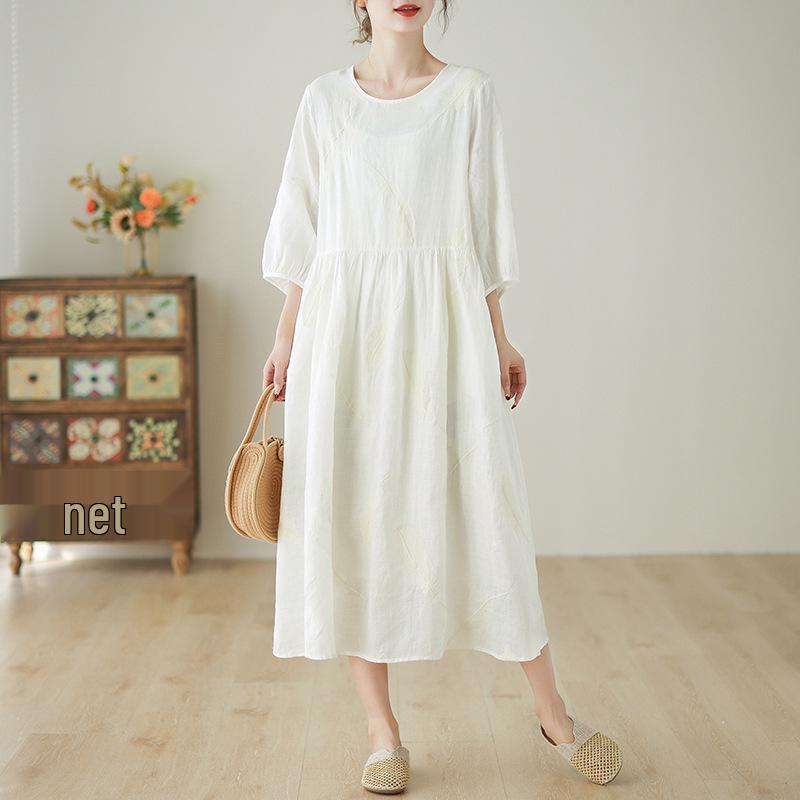 

Elegant Feather Embroidery A-Line Ramie Dress with Five-Point Sleeves XXL
