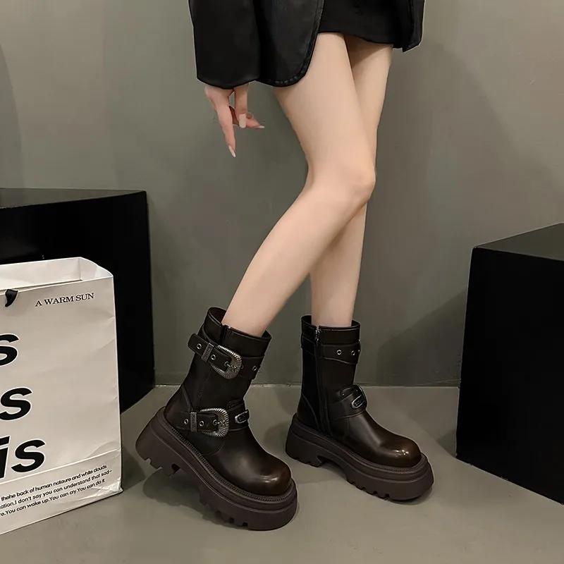 Fashion Women Ankle Boots 2025 Winter New Buckle Strappy Square Toe Mid Heels Chelsea Boots Leather Zippers Women Knight Boots
