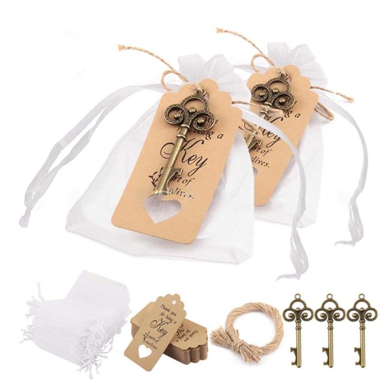 Set da 50 Pezzi Regalo Matrimonio Apribottiglie Chiave Vintage Scatoline Portaconfetti Biglietto di Ringraziamento per gli Ospiti Decorazione Festa di Matrimonio Artigianato Fai da Te