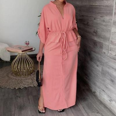 Summer Fall Dress V Neck Drawstring Slim Waist Side Split Three-quarter Sleeves Pure Color with Cufflink Daily Wear Commuting Da