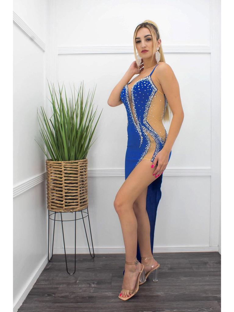 ZQK2567 Sexy See-Through Spaghetti Strap Evening Dress with Hot Drill Design