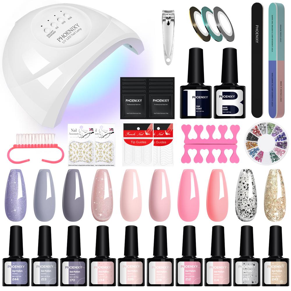 PHOENIXY 10Colors Gel Nail Polish Nail Dryer 48W UV LED Lamp Soak Off Gel Varnish Manicure Set and DIY Nail Art Decoration Tools