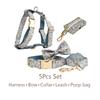 Personalized Floral Dog Collar Leash Harness Set with Bow & Poop Bag Holder - Quick Release Adjustable Pet Accessories for