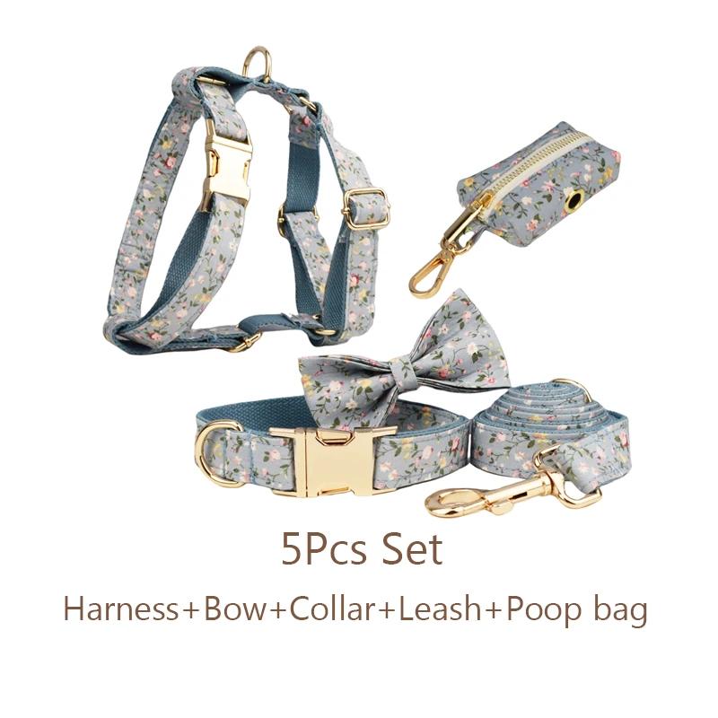 Personalized Floral Dog Collar Leash Harness Set with Bow & Poop Bag Holder - Quick Release Adjustable Pet Accessories for