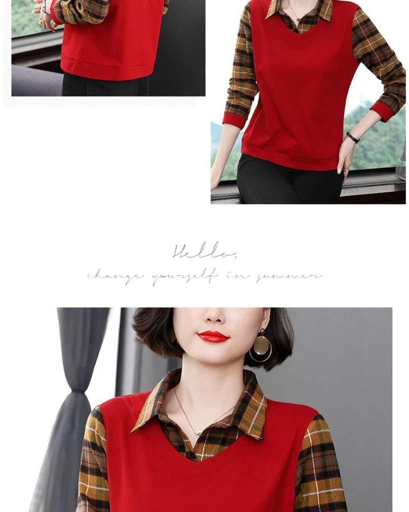 Women's Plus Size Patchwork Plaid Polo Neck T-Shirt, Versatile Fake Two-Piece Long-Sleeve Base Layer, Perfect for Autumn and Mother's Wear.