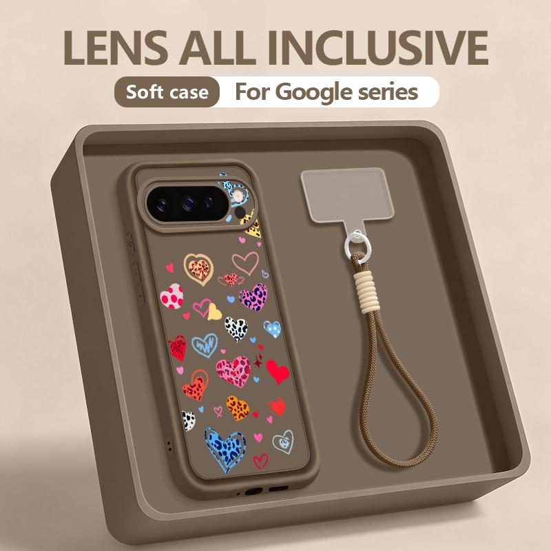 Colorful Love Heart Printed Case For Google Pixel 10 8 7 Pro 9A 8A Pixel 9 10 Pro XL Wrist Strap Lanyard Soft TPU Phone Cover