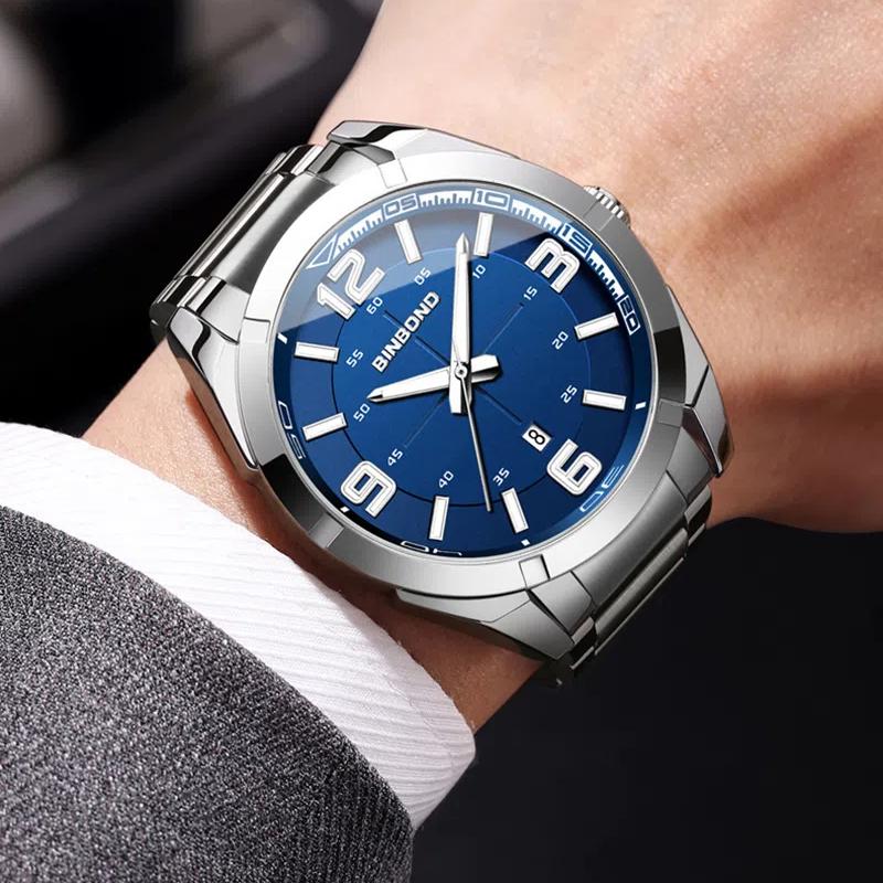 BINBOND Men's Watch Big Digital Fashion Business Waterproof Calendar Night Light Stainless Steel Quartz Men's Watch Men's Gift