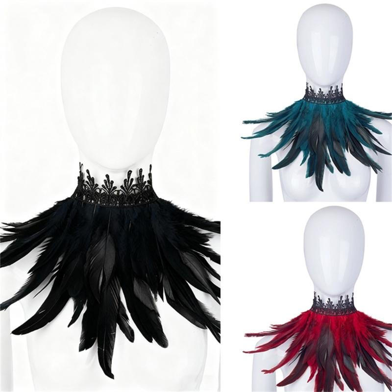 Feather Costume Neck Accessory with Lace Trim, Cosplay Capes Shoulder Wrap, Gothic Pull-On Collar for Party Photos and Stage Styling Appeal