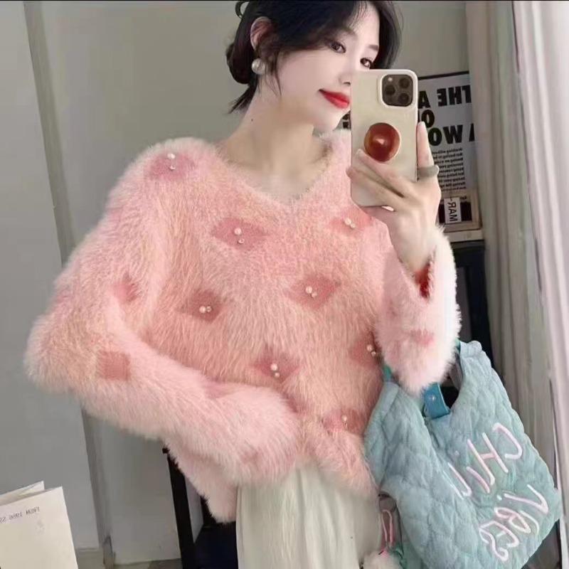 

Осень Зима Женский Сладкий В-образный вырез Мягкий Пушистый Мохер Вышивка бисером Вязаный Свитер Рождественский Короткий Пуловер Топы One Size розовый