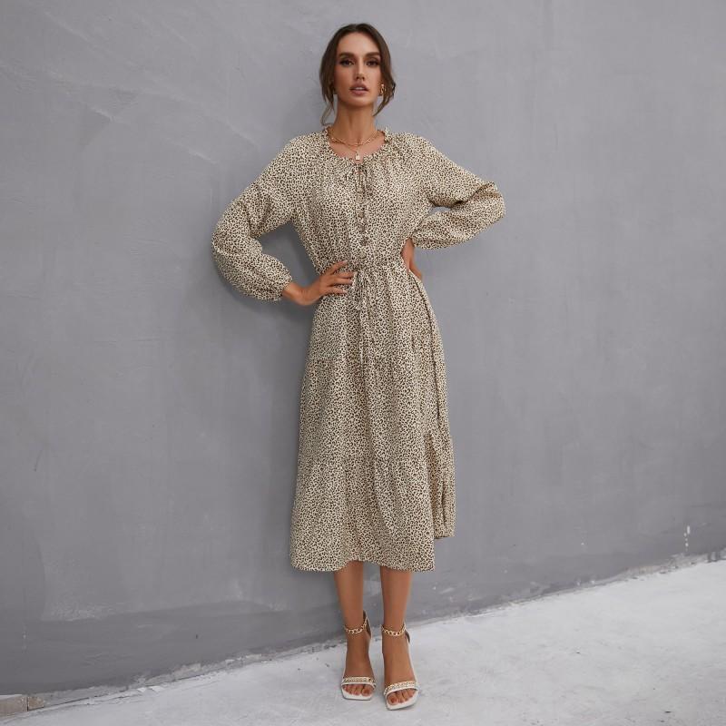 YYFS Robes décontractées à manches longues et col rond pour femmes, mode été printemps imprimé léopard