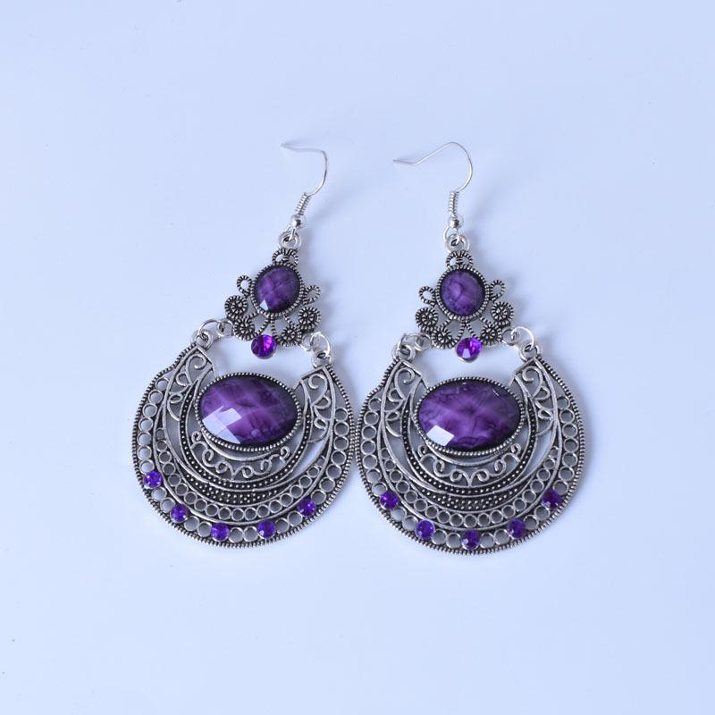 European & American Bohemian Gemstone Pendant Earrings with Retro Hollow Carving