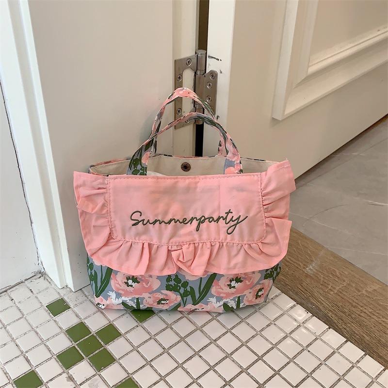 3 New sweet lotus leaf edge bento canvas bag fresh embroidery handbag student handbag spring outing