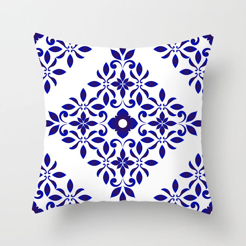 Peach Skin Pillowcase Blue and White Porcelain Geometric Print Abstract Sofa Cushion Cover Office Waist Pillow Cover